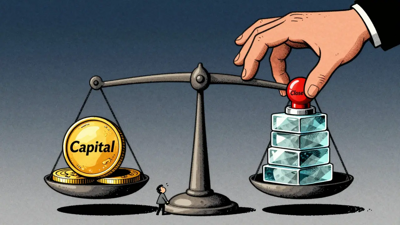 Vintage cartoon of a balance scale with capital vs leverage and an ominous hand