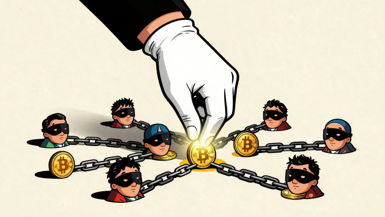Vintage cartoon of a gloved hand crushing a web of crypto scam connections