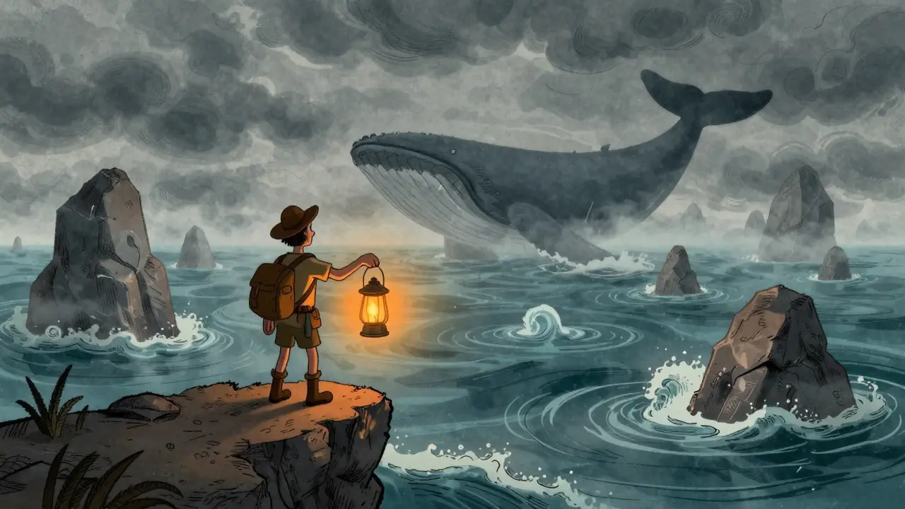 Vintage cartoon of an explorer on a cliff facing a stormy sea