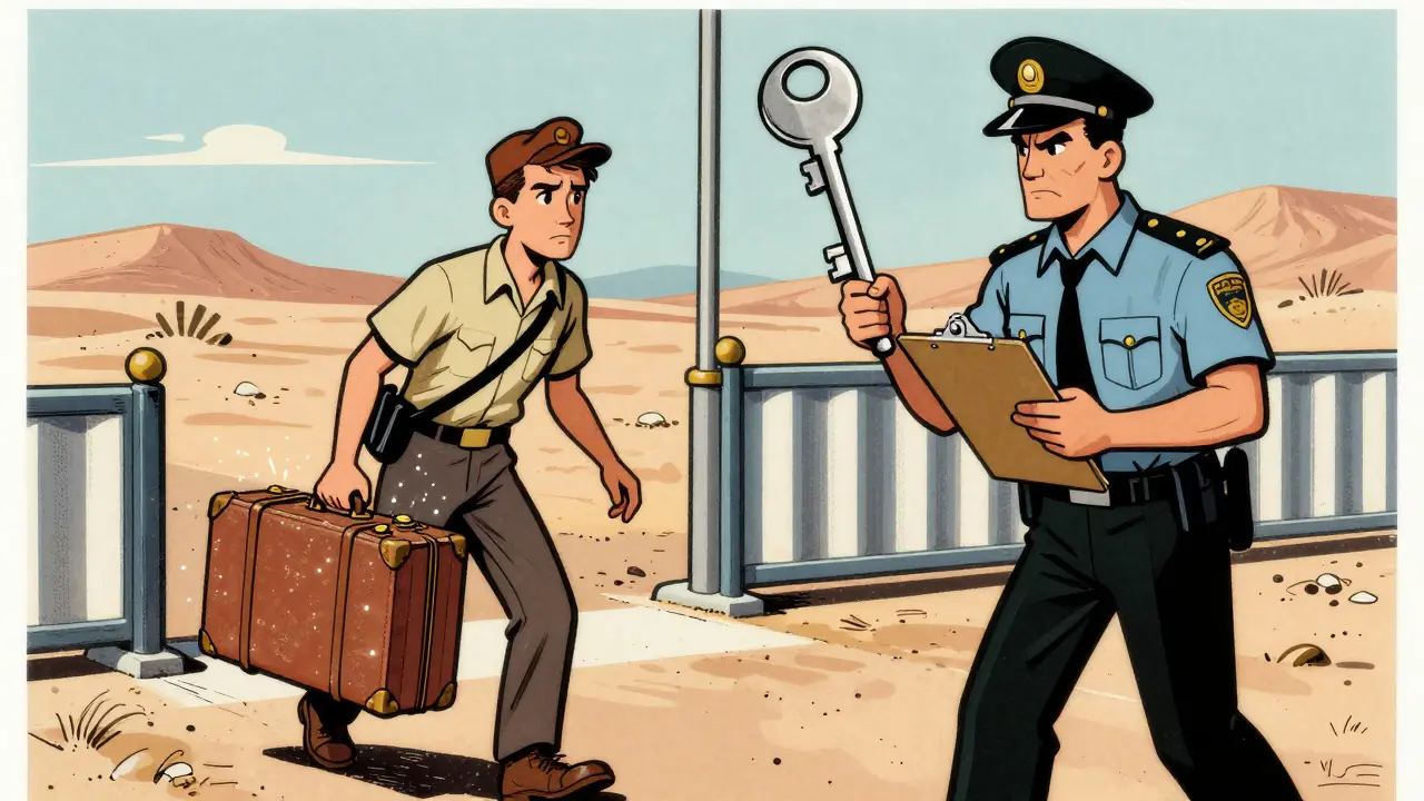 Vintage cartoon of customs officer stopping traveler with hidden mining gear