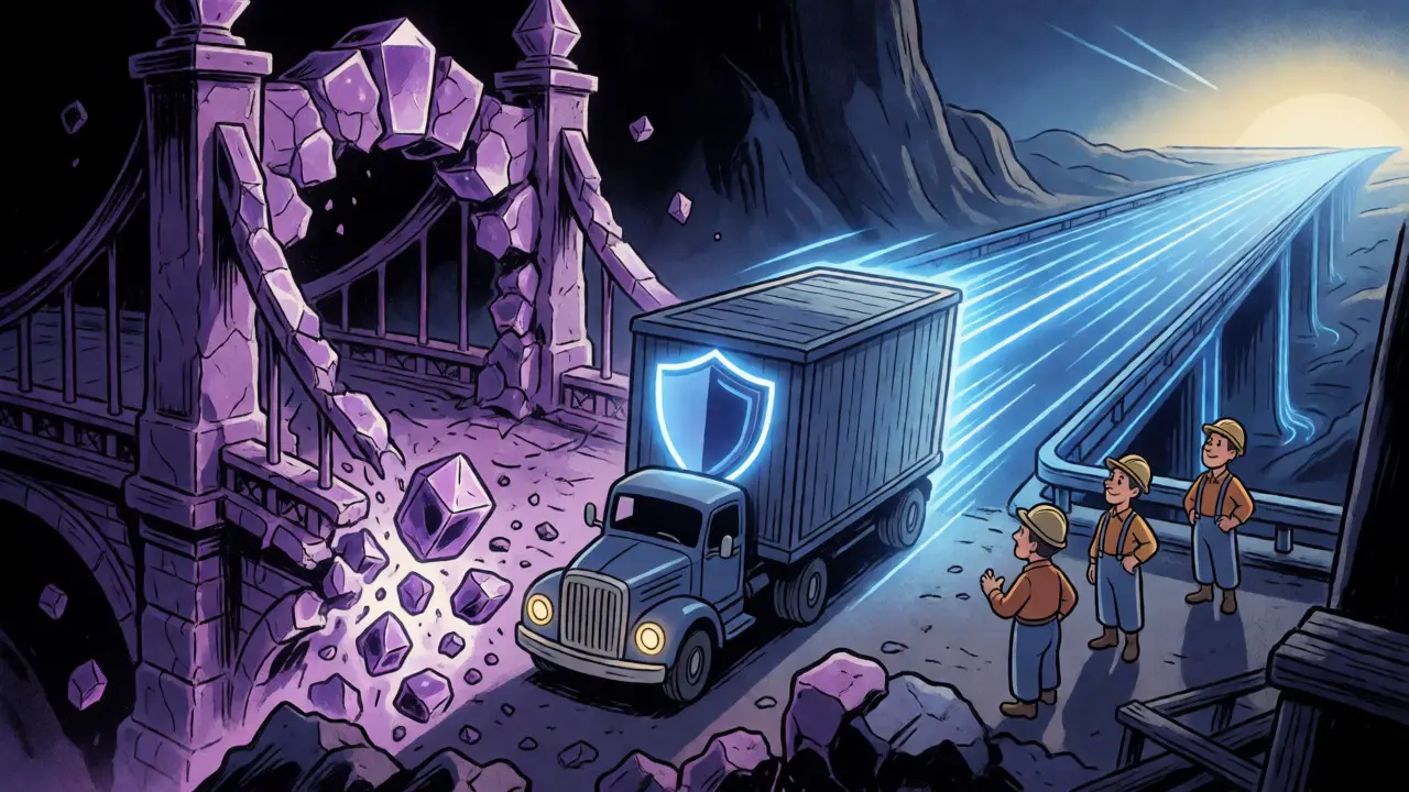 Vintage illustration showing a migration from a broken purple bridge to a blue energy highway.