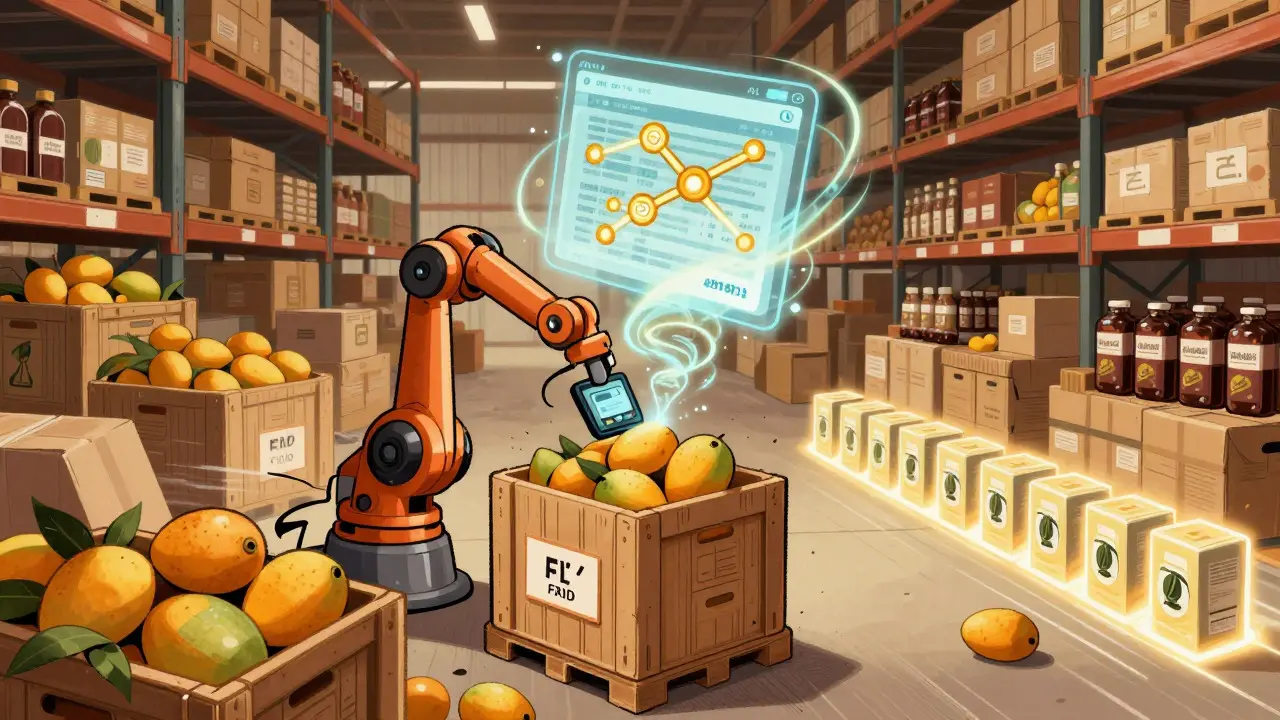 Warehouse worker scanning crate with blockchain data visualization in retro art