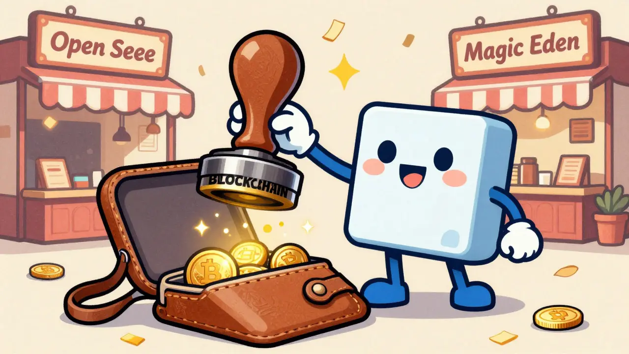 Whimsical minting scene with a digital file being stamped by a blockchain seal.
