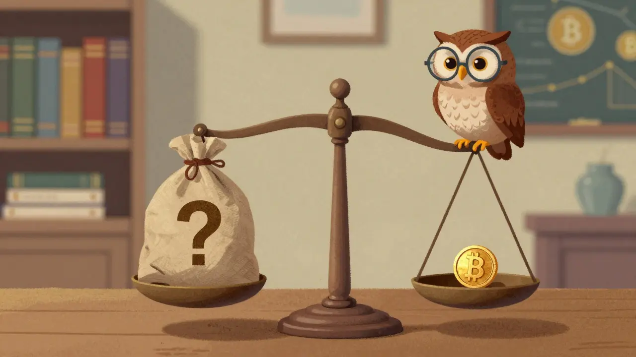 Wise owl watching a scale balancing risk and reward tokens in vintage cartoon art