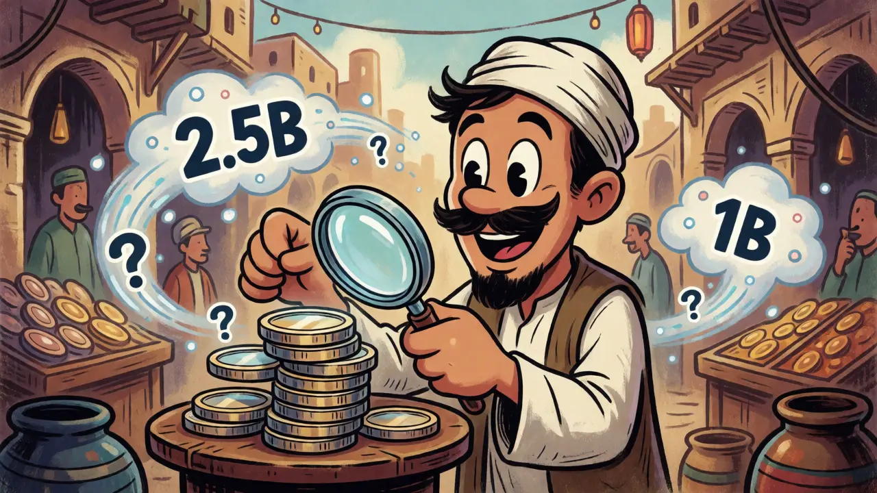 A trader examines GCB tokens amidst swirling data clouds in a stylized market.