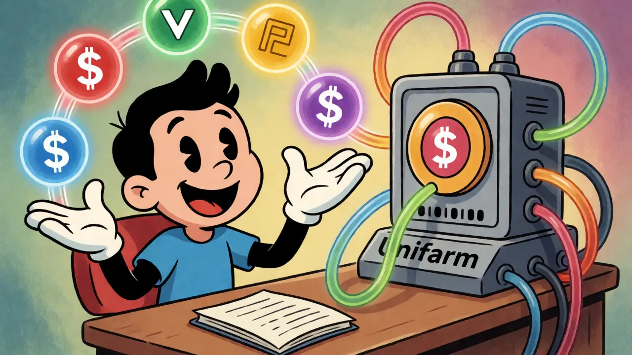 Animated figure juggling assets while interacting with a DeFi hub machine