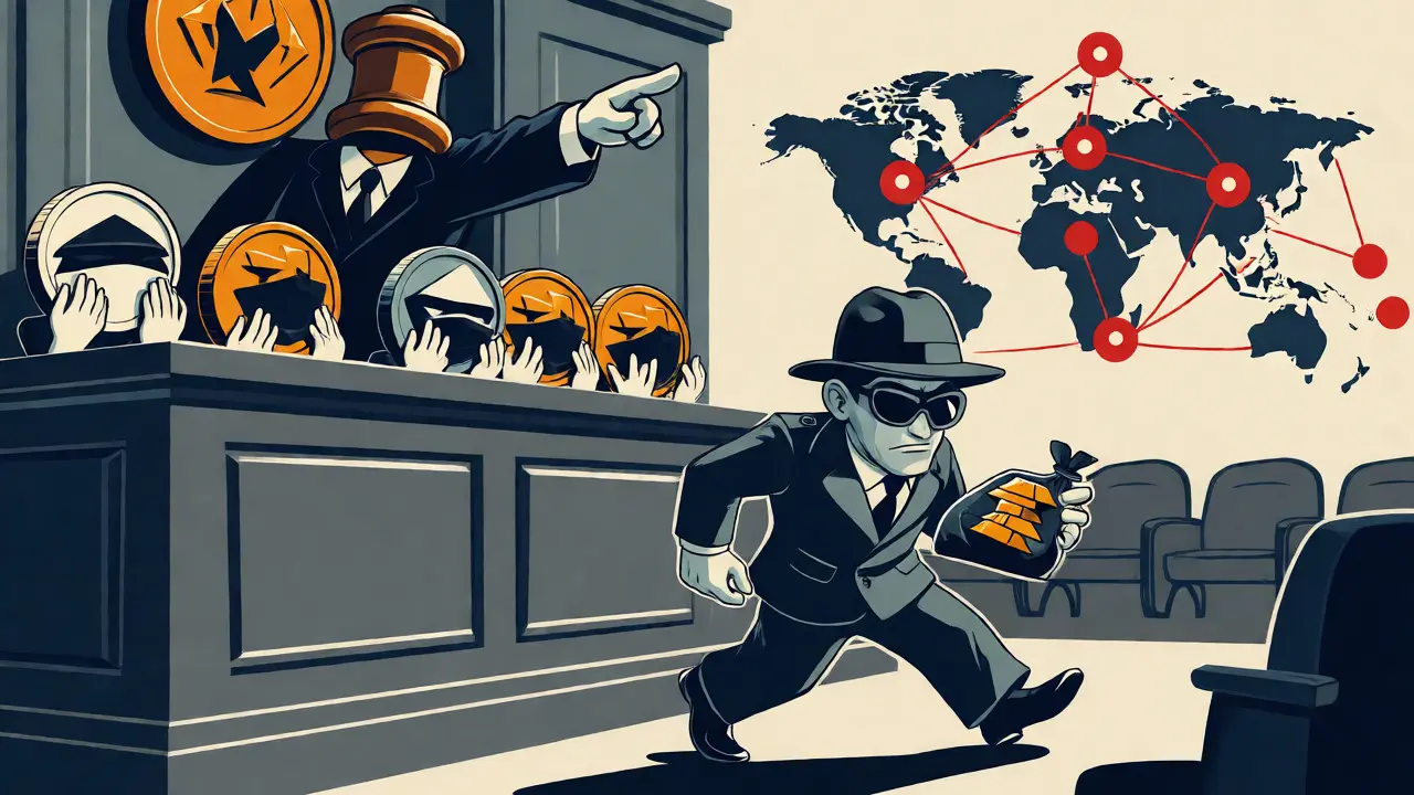Anthropomorphic crypto coins on trial with hackers and global maps in background.
