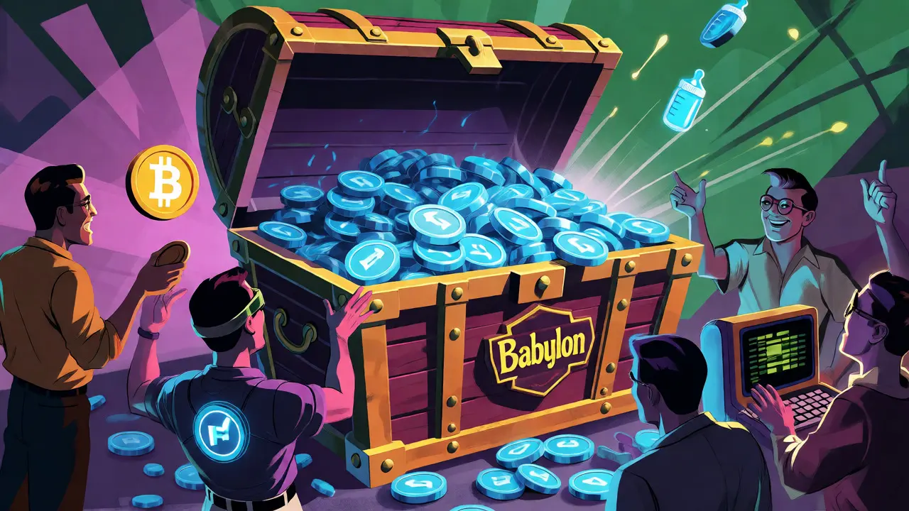 Babylon treasure chest releasing BABY tokens to five eligible user groups in retro illustration
