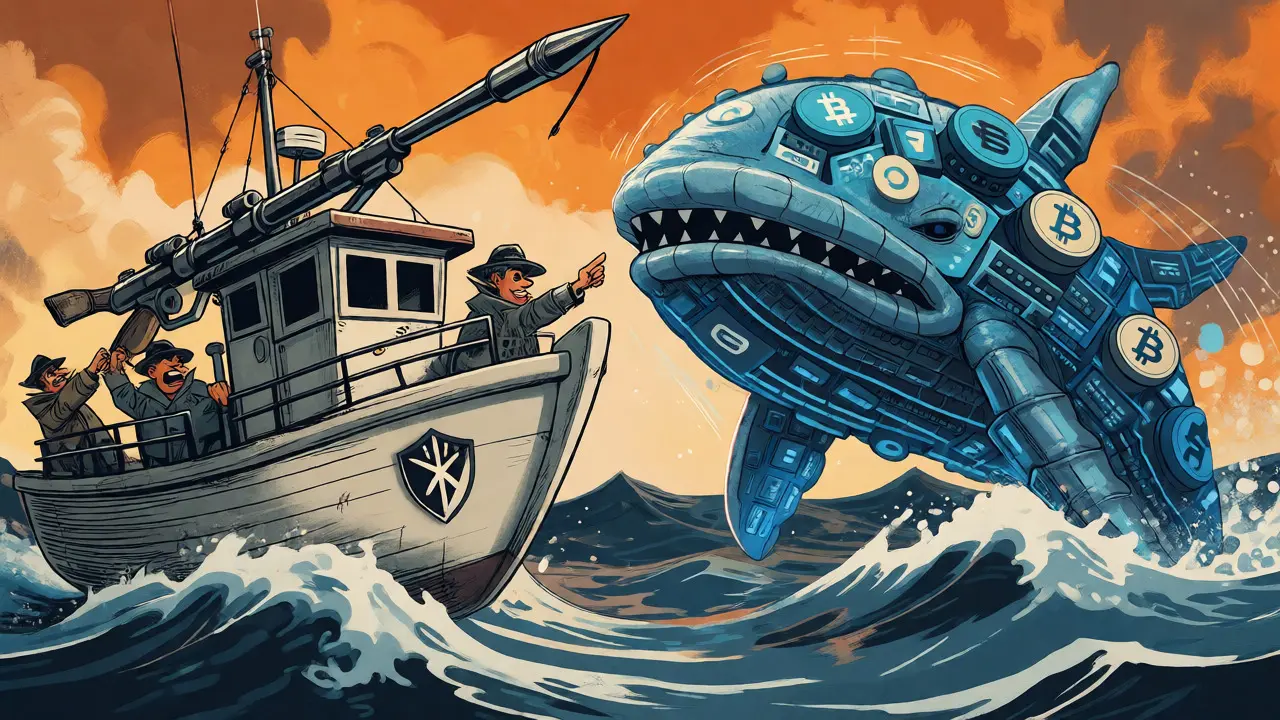 Cartoon boat with giant harpoon hunting a crypto-whale, with whistleblowers pointing from the deck.