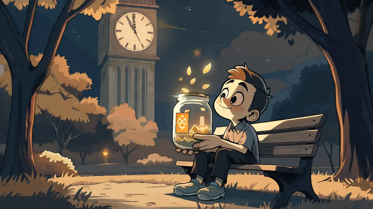 Cartoon character waiting with a jar of tokens under a clock tower, symbolizing low liquidity.
