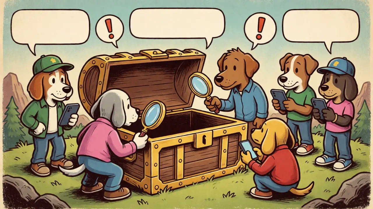 Cartoon characters inspecting an empty treasure chest on a crypto landscape
