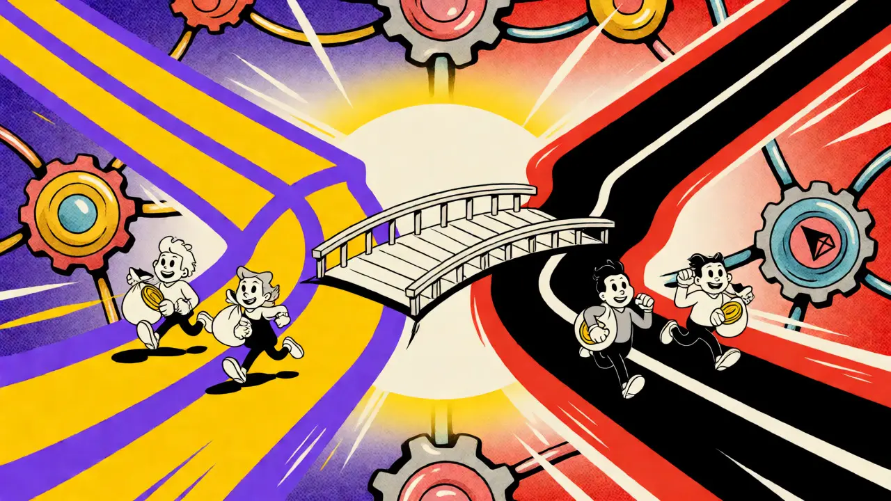 Cartoon characters navigate two distinct blockchain paths representing BSC and Tron.