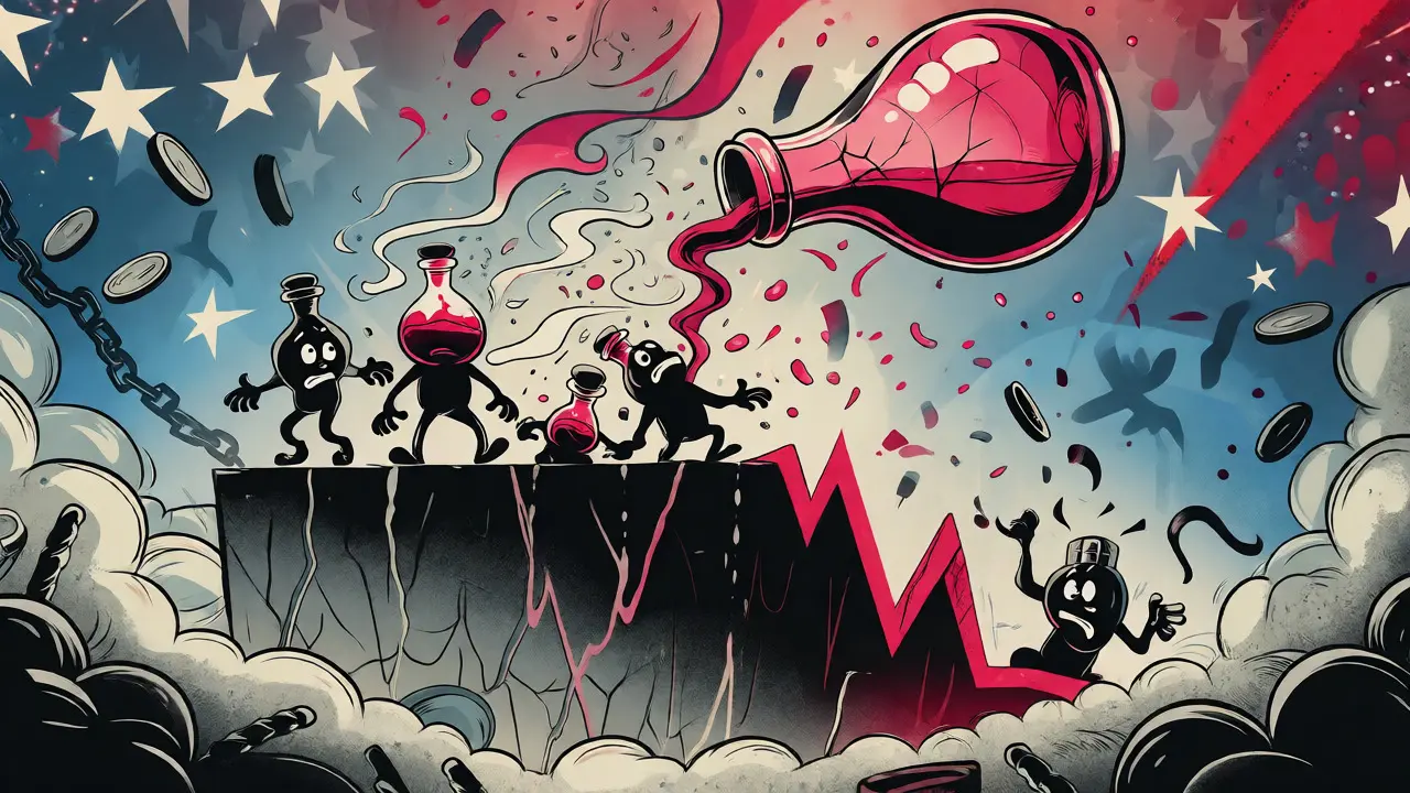 Cartoon characters watching a spilled potion fall down a steep price chart.