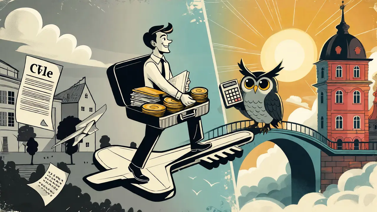 Cartoon of a traveler moving from US to Europe with crypto