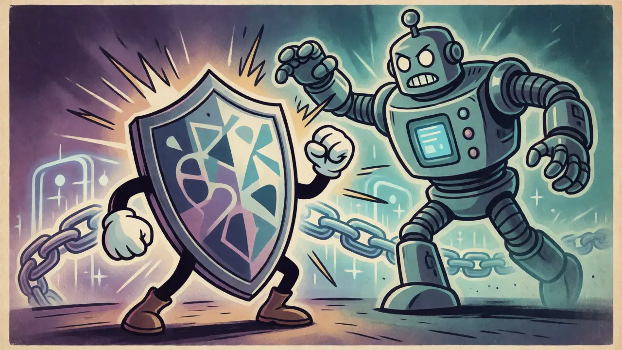 Cartoon shield resisting a quantum robot threat protecting a blockchain chain