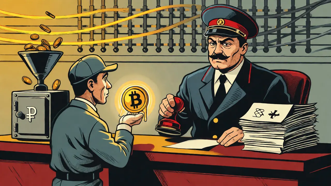 Cartoon tax collector taking coins from nervous crypto miner near power grid