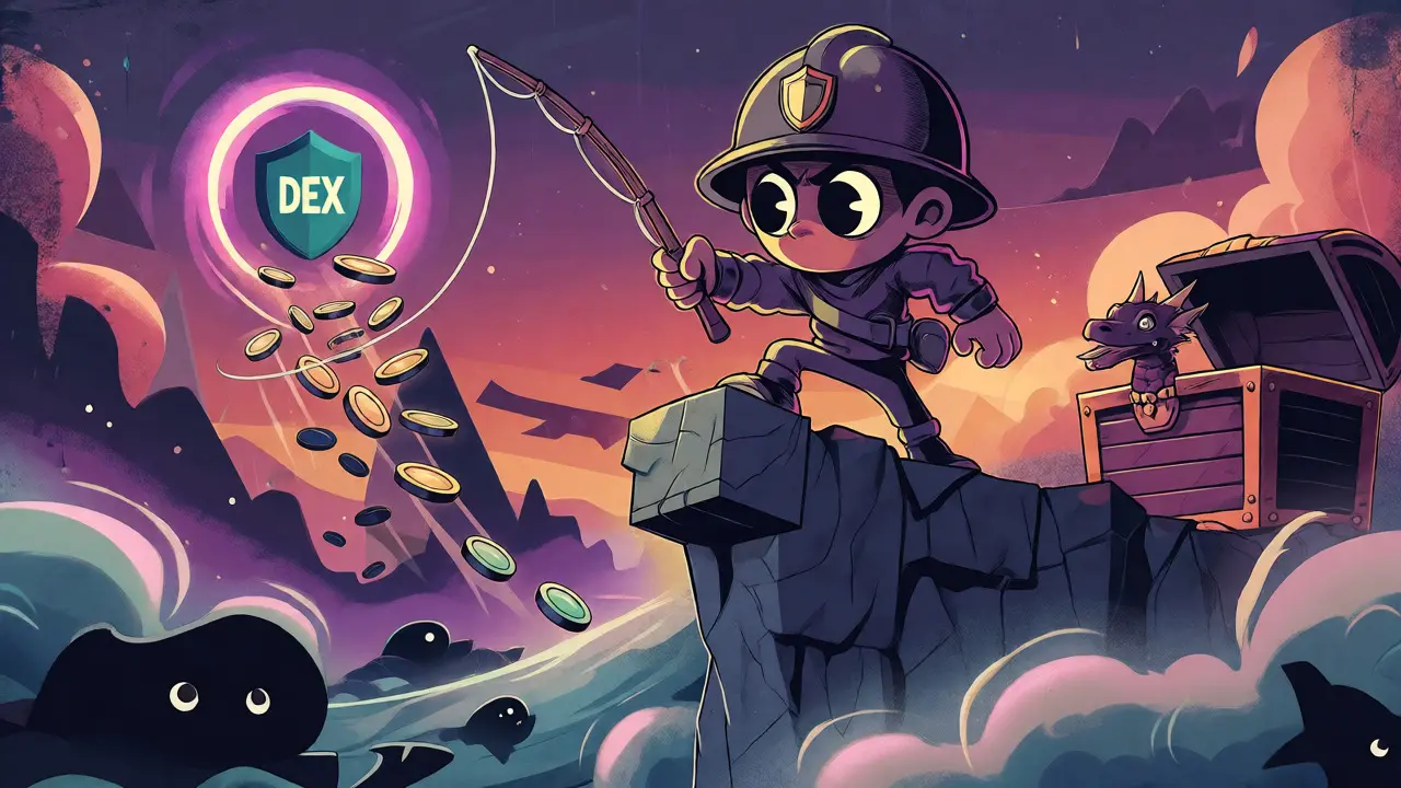 Cartoon trader fishing for tokens from a DEX portal while avoiding whale shadows.