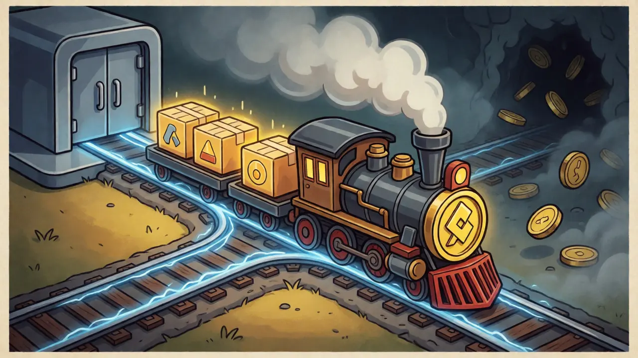 Cartoon train carrying tokens along a BEP2 chain track towards a secure vault.