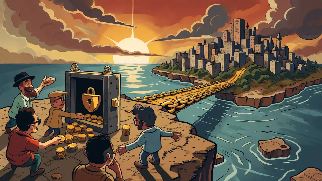 Cartoon treasure map showing a bridge from a small island to a big city