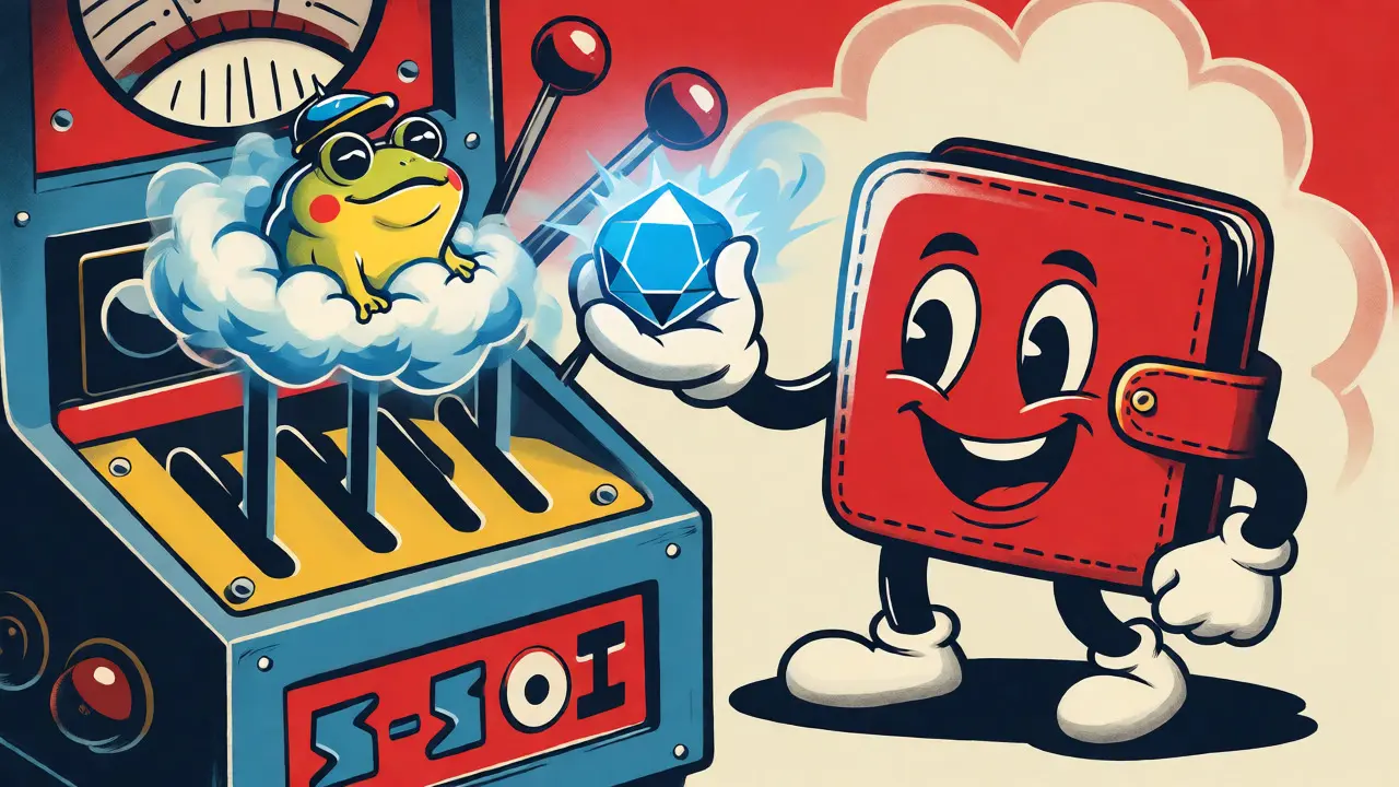 Cartoon wallet feeding SOL into a machine that produces a baby frog token.