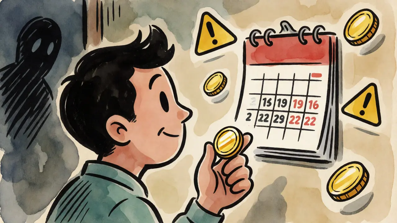 Character holding a token with a cautious expression near a calendar