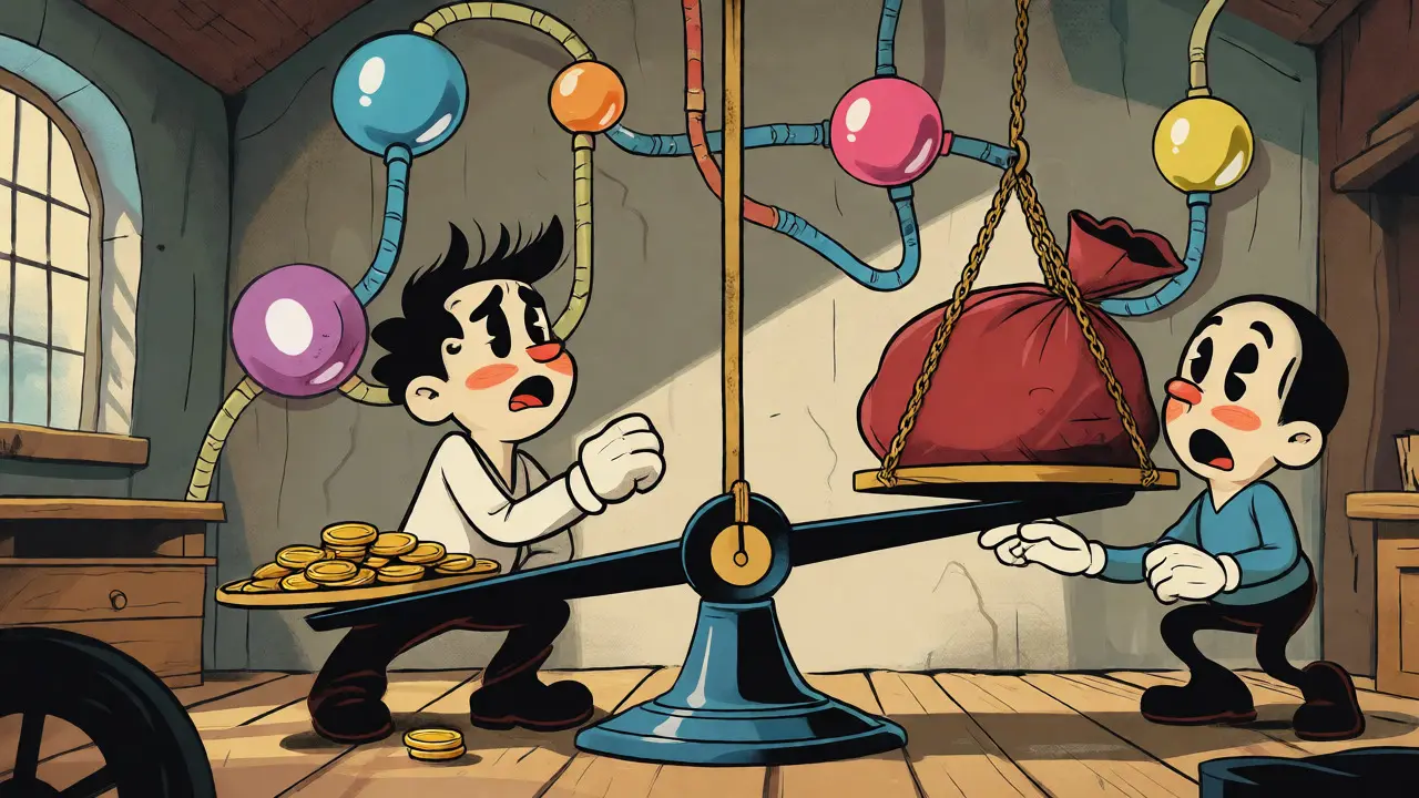 Characters struggling with unbalanced scales of liquidity