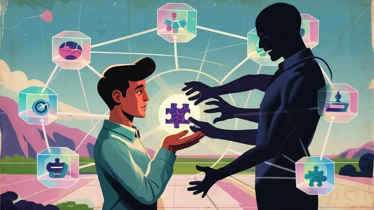 Citizen retaining control of data while surrounded by transparent blockchain nodes
