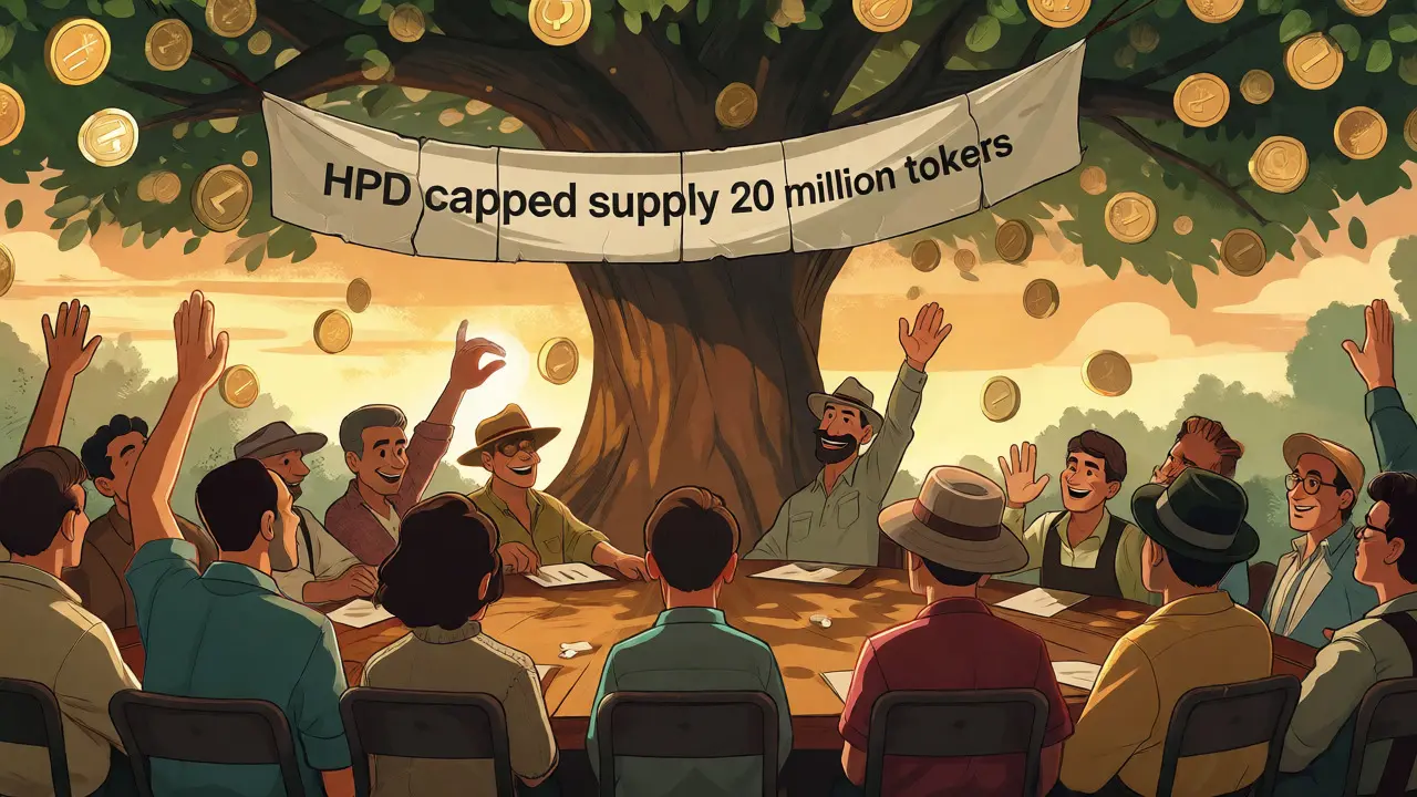 Community voting under a tree of fixed-supply tokens