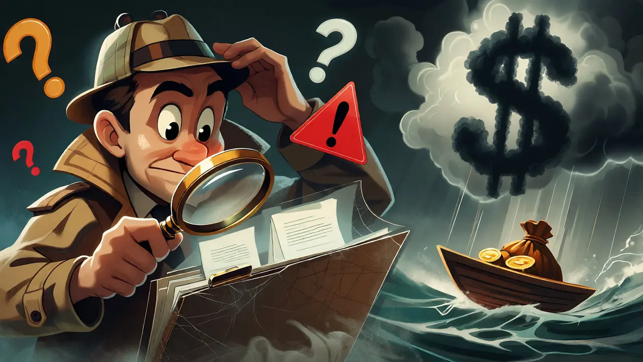 Detective examining empty files under a stormy sky with gold coins.