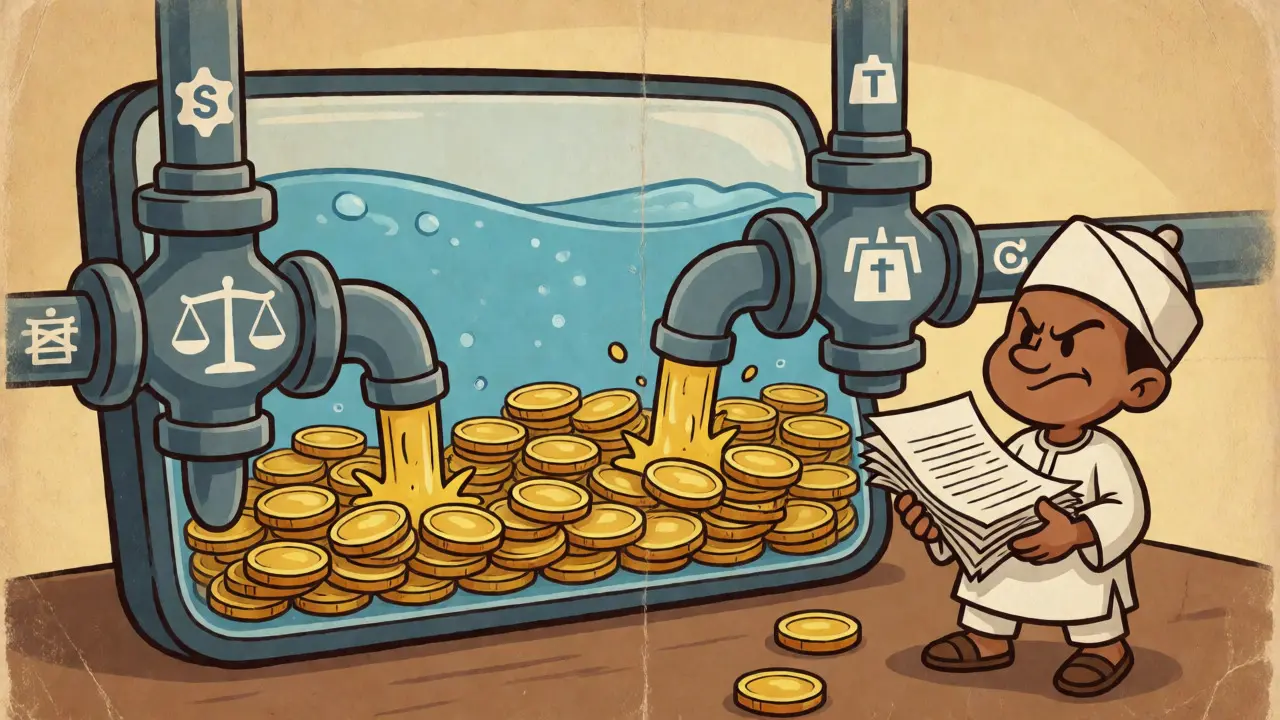 Illustration of a person managing regulatory valves controlling a bank account balance.