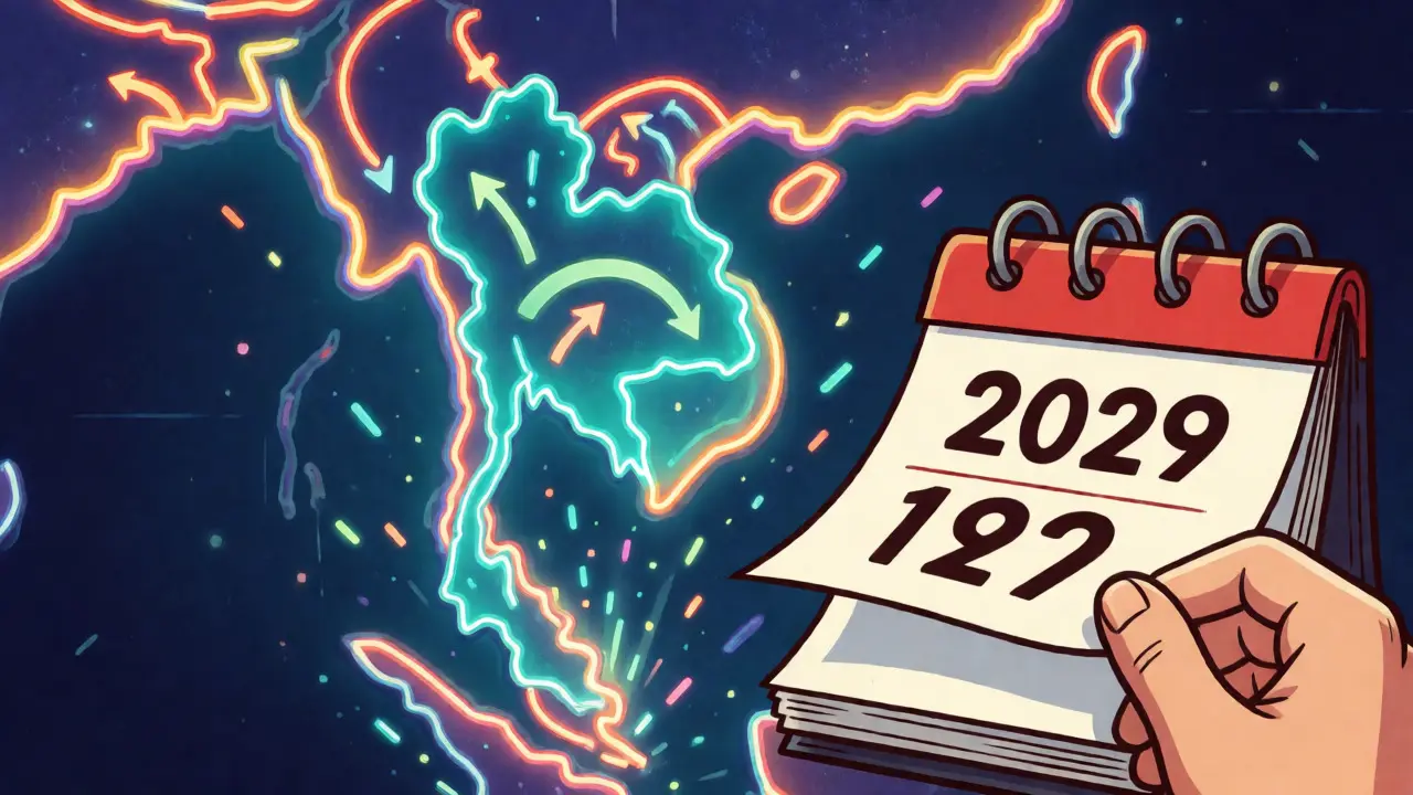 Map of Thailand glowing as a digital asset hub with a 2029 deadline calendar.