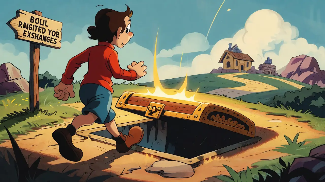 Person avoiding a deceptive treasure chest trap while heading to safe ground