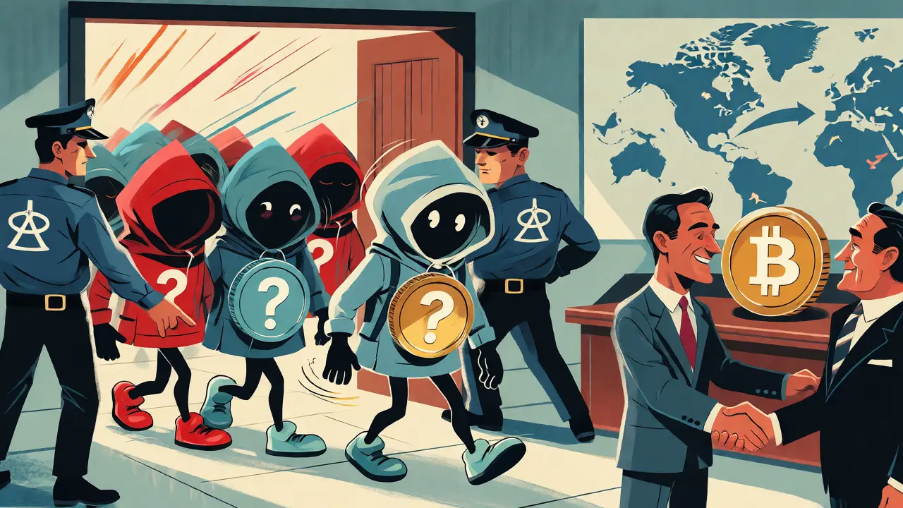 Privacy coins being removed from an exchange while suits welcome transparent assets.