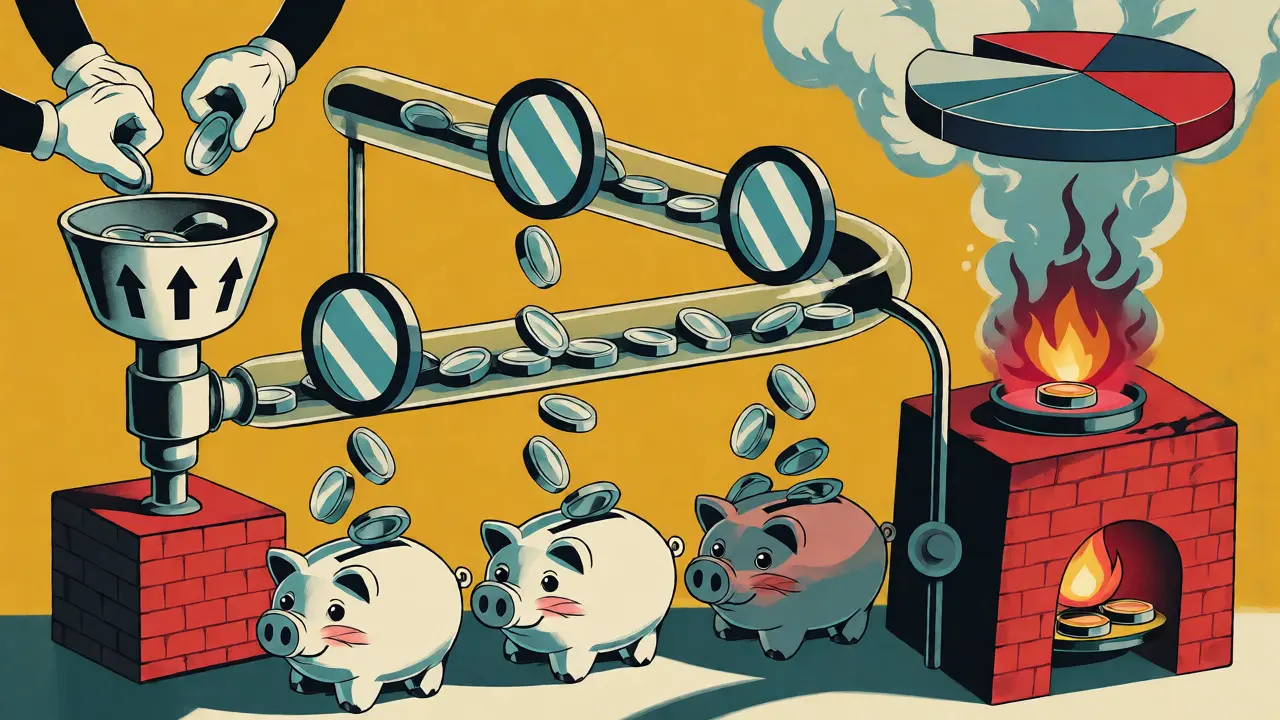 Retro cartoon diagram showing POSI token reflection and burn mechanisms via machines.