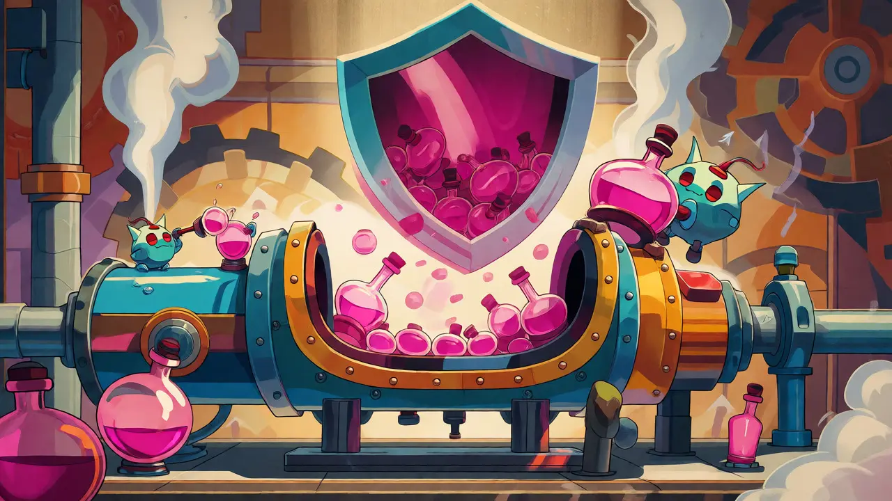 Retro cartoon machine processing potions under a supply cap shield.