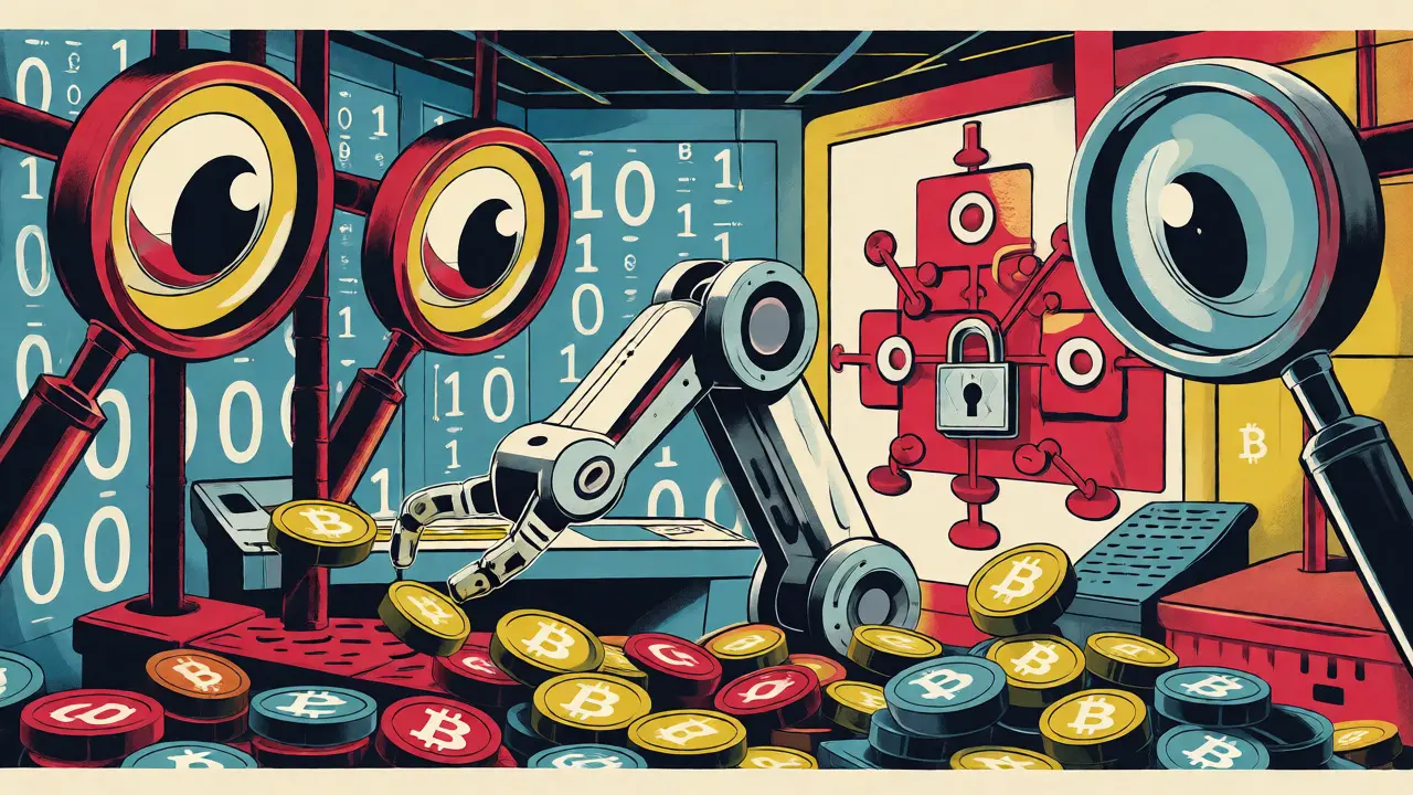 Retro futuristic AI tools scanning and locking down cryptocurrency flows.