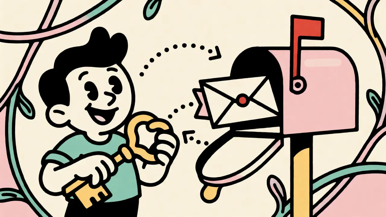 Retro illustration of private and public keys interacting like a mailbox system