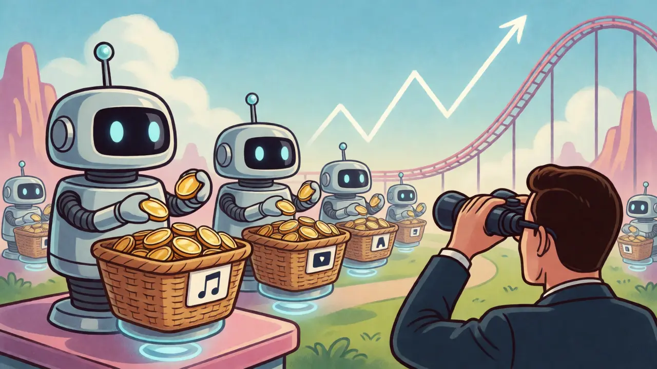 Retro robots managing creator token portfolios in futuristic setting