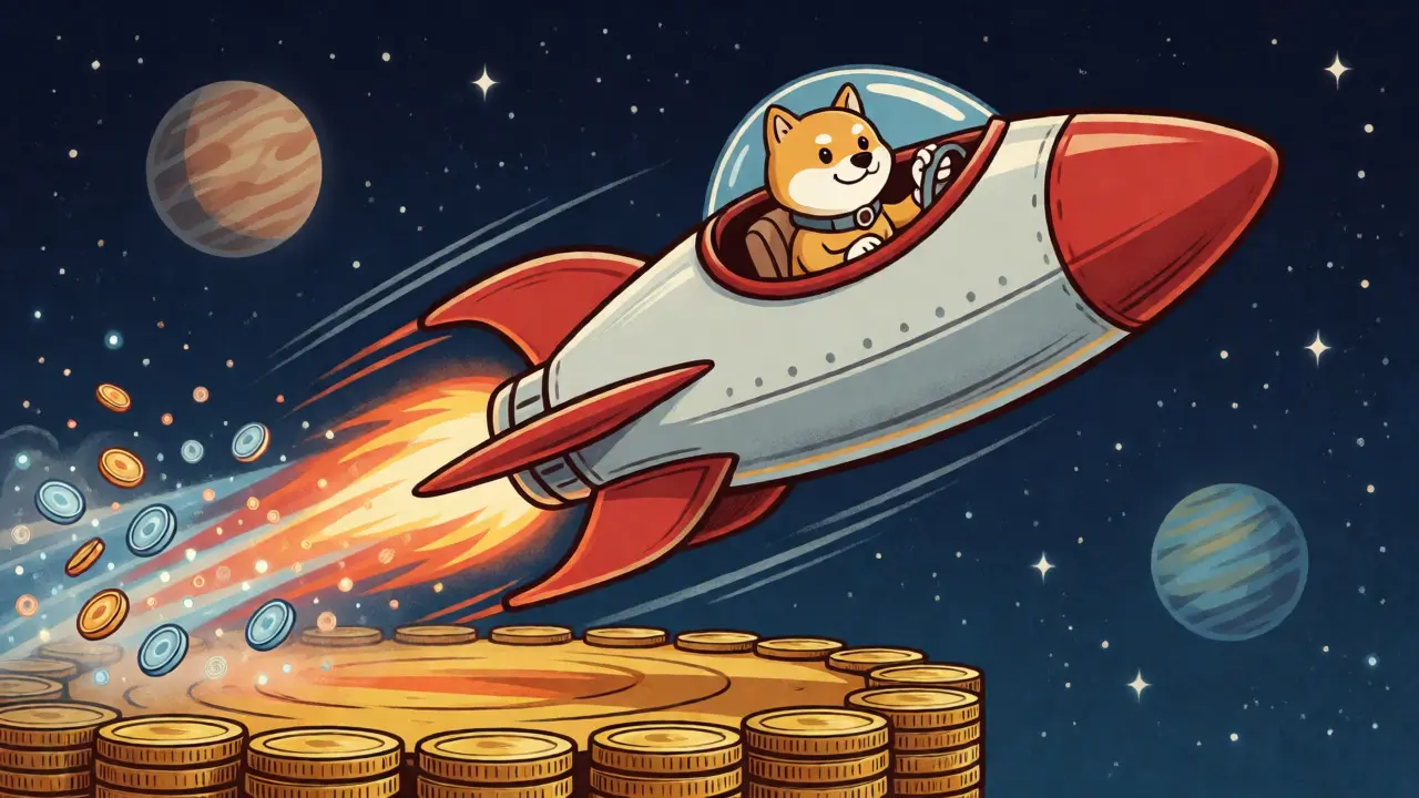Shiba Inu piloting a coin-powered rocket into a starry vintage sky