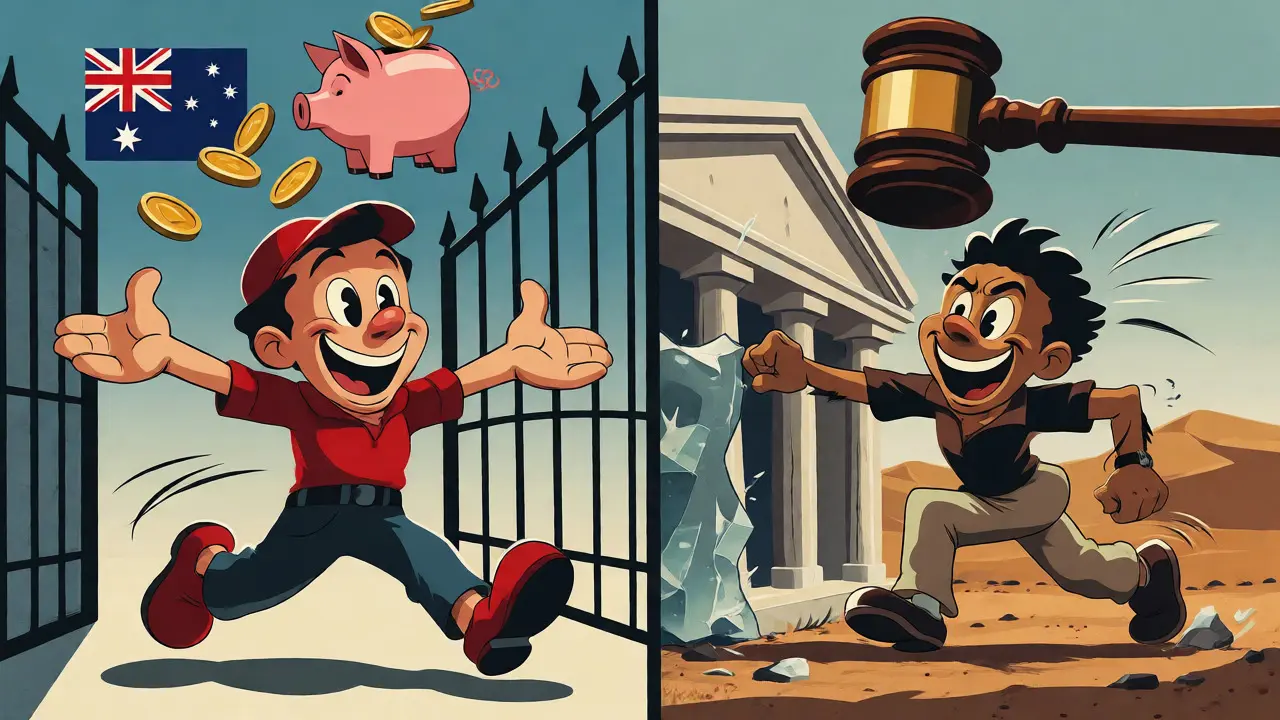 Split screen showing easy banking in friendly nations versus hard blocks in restrictive zones