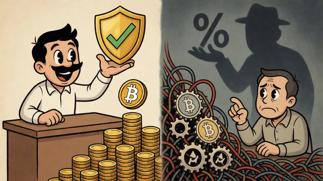 Split screen showing tax-free licensed trades versus taxable DeFi swaps in cartoon art.