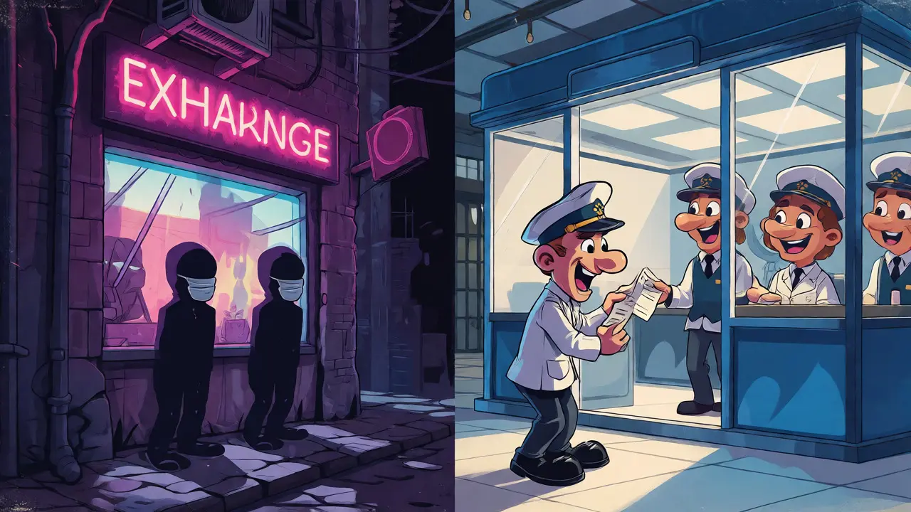 Split view comparing a shady crypto shop to a secure bank vault.