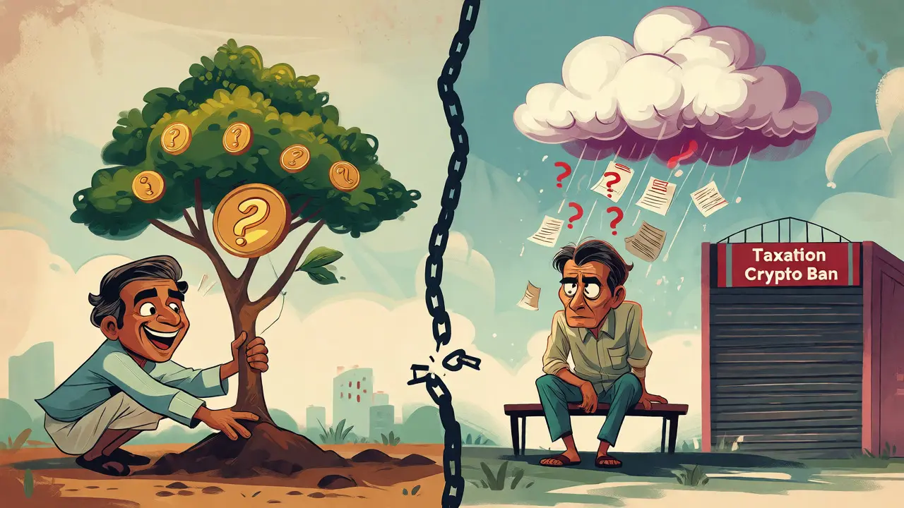 Split view of happy neighbor vs. frustrated Bangladeshi citizen outside crypto ban gate.