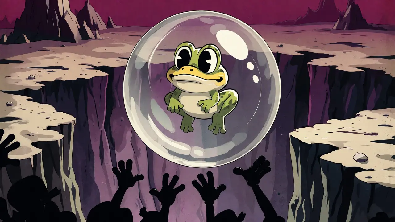 Tiny baby frog trapped in a fragile bubble floating over a dangerous canyon.