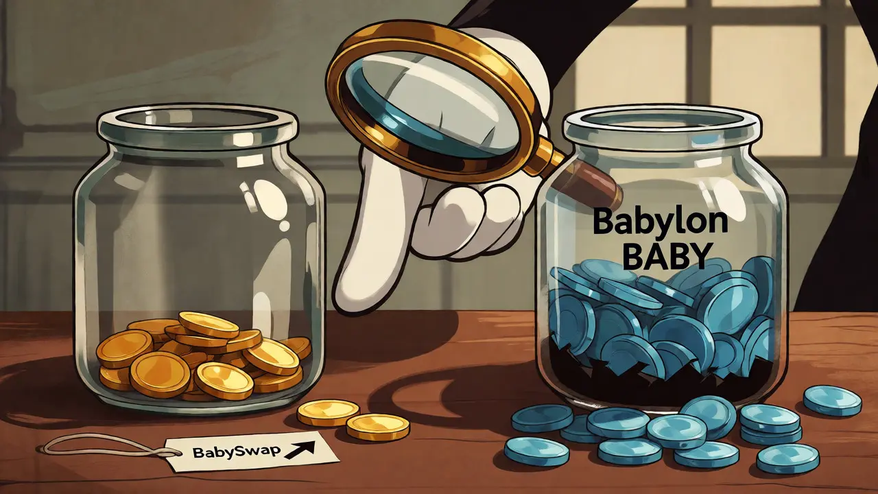 Two jars comparing BabySwap yields and Babylon token inflation under a magnifying glass
