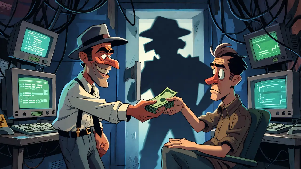 Underground crypto deal between agent and trader in dim room with looming bank shadow.