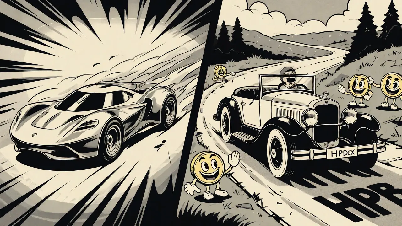 Vintage cartoon comparing fast sports cars to a steady vintage convertible