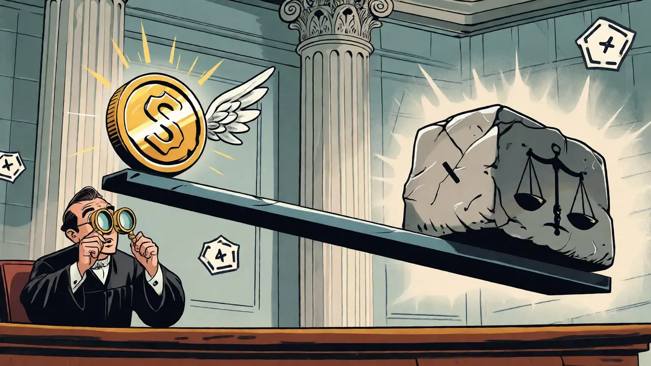 Vintage comic of a judge weighing a winged crypto token against a heavy legal stone block on a scale.