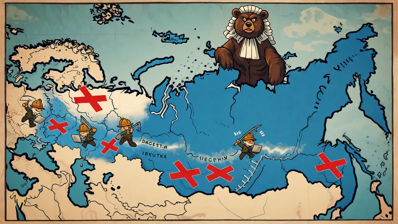 Vintage illustrated map of Russia showing banned crypto mining regions with red X marks