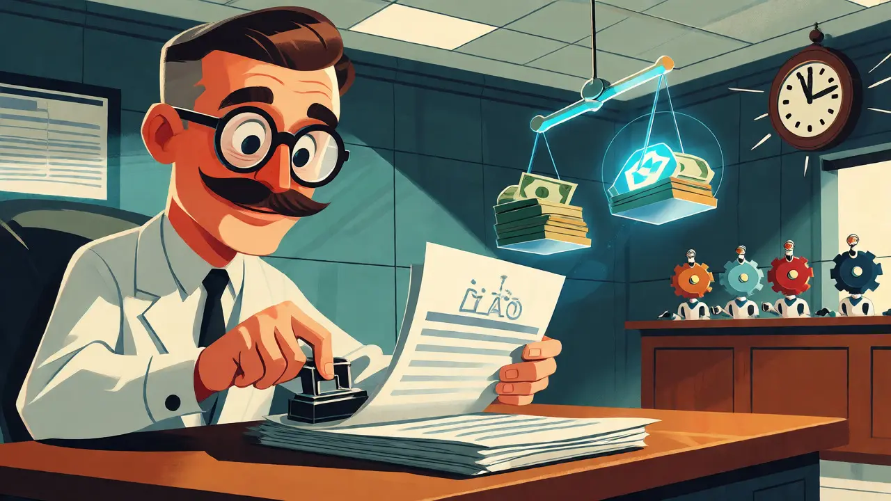 Cartoon official stamping digital documents in a streamlined Swiss office